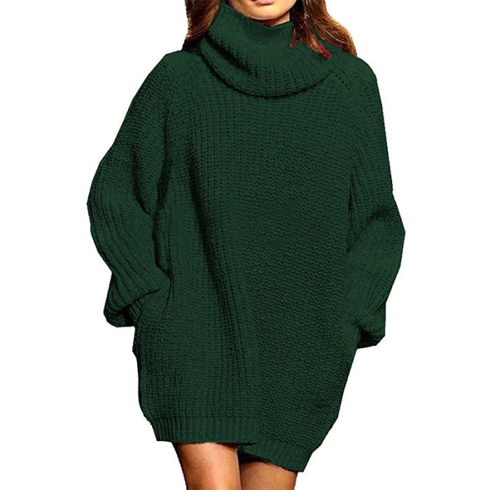 Fashion Long Sleeve Turtleneck Solid Color Loose Double Pocket Sweater Dress