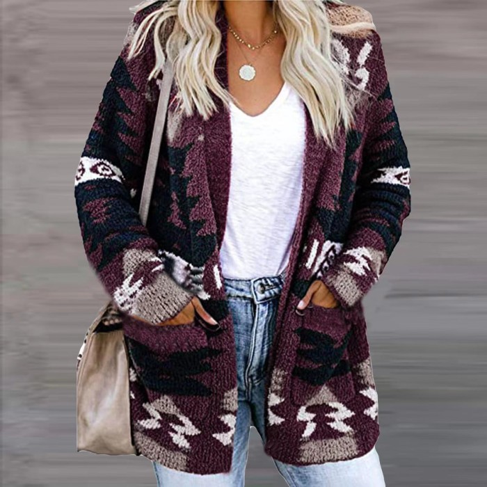 Fashion Print Warm Casual Long Sleeve Pocket Cardigan