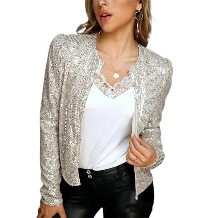 Trendy Party Crew Neck Smooth Sequined Puff Sleeve Jacket