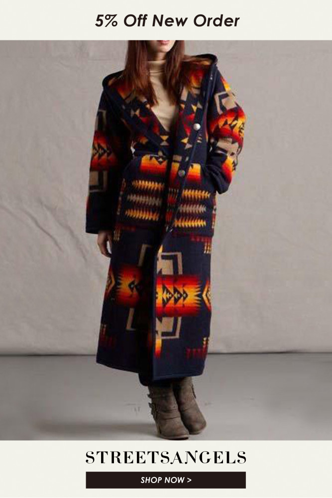 Fashion Ethnic Style  Printed Hooded Long Coat Loose Coats