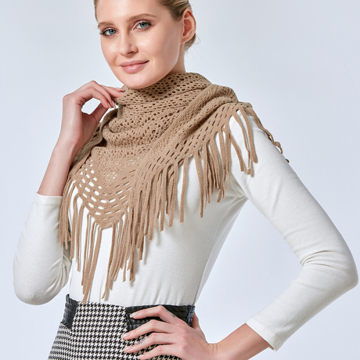Fashion Knitted Cashmere Plaid Hollow Irregular Tassel Warm Scarf