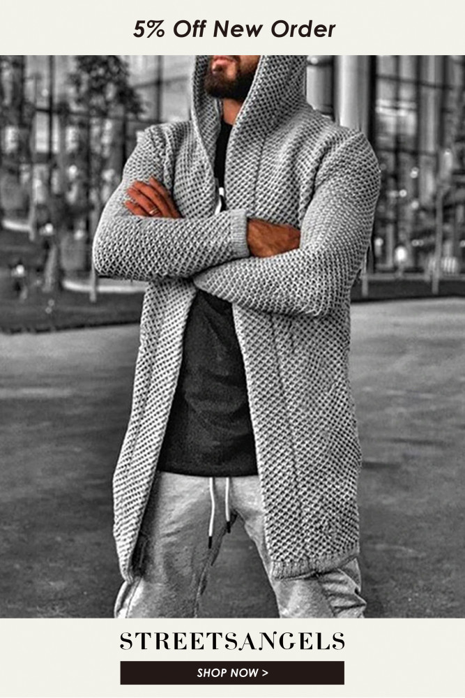 Men's Mid Length Solid Color Hooded Fashion Lightweight Sweater Knit Cardigan