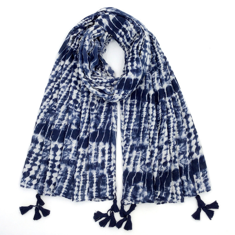 Fashion Street Irregular Tie Dye Print Hand Fringed Cotton Linen Shawl Scarf