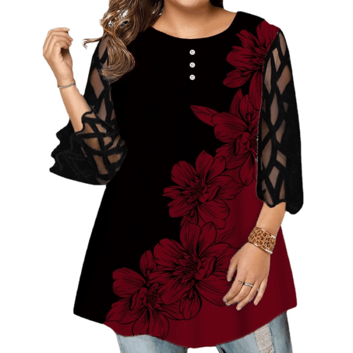 Fashion Loose Casual Mesh Sleeve Floral Round Neck Lace  T-Shirts Top