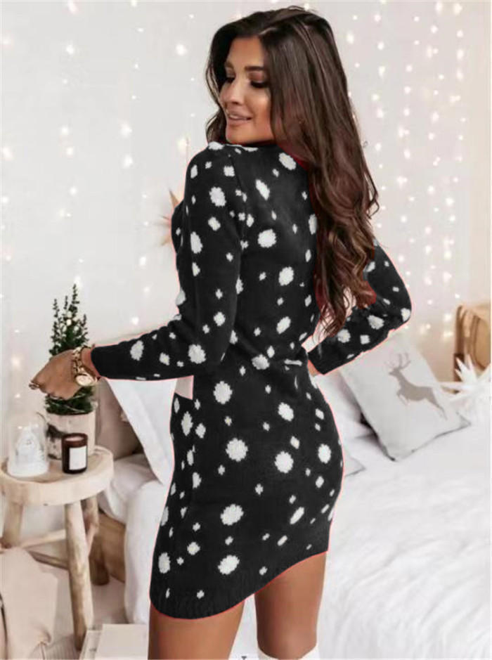 Christmas Print Casual Long Sleeve Fashion Loose Round Neck Knit Dress