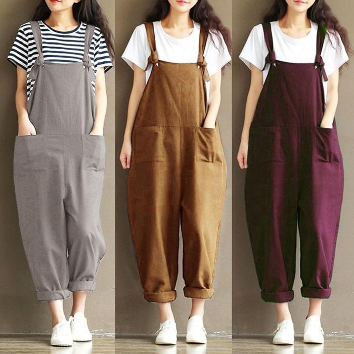 Solid Color Lace Up Cotton Linen Retro Fashion Casual Loose Jumpsuit