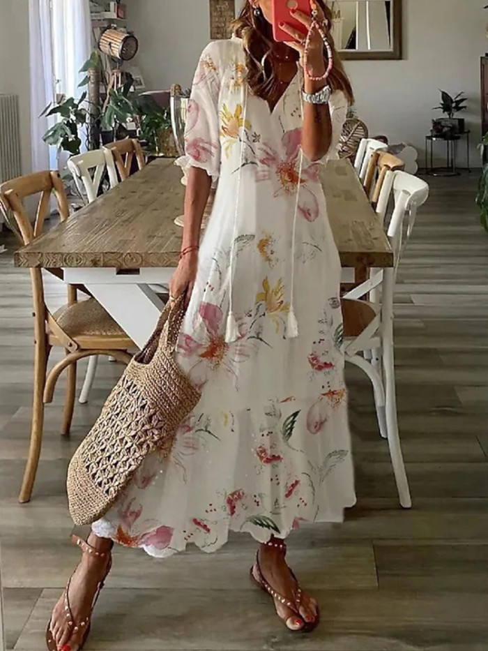 Fashion Sexy Elegant Floral Print Loose Beach Maxi Dresses