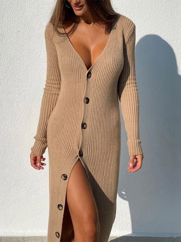 Fashion Deep V-Neck Sexy Solid Color Tight Single-Breasted Elegant Knit Dress