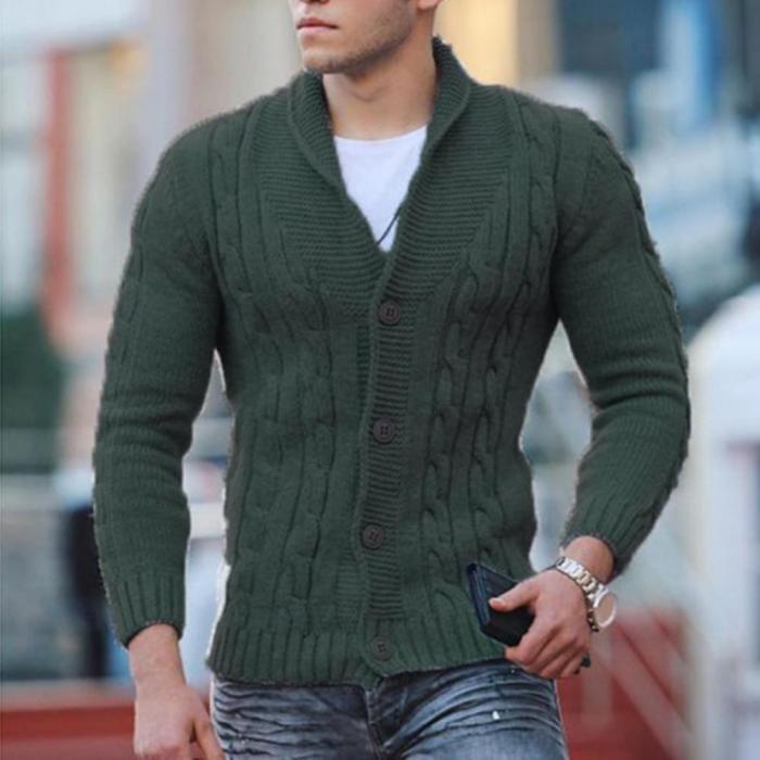 Men's Fashion Solid Twist Texture Cardigan Lapel V-Neck Sweater Cardigan Outerwear