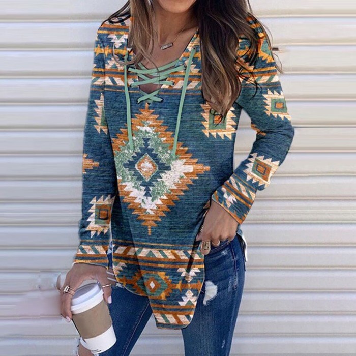 Fashion  Printed Lace-Up V-Neck Shirt Casual  Loose Hoodies