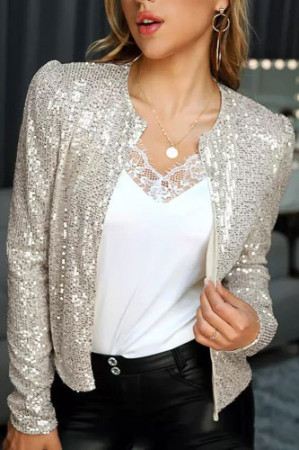 Trendy Party Crew Neck Smooth Sequined Puff Sleeve Jacket
