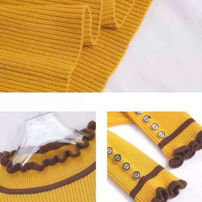 Sleek Button Ruffle Turtleneck Inside Slim Knit Sweaters
