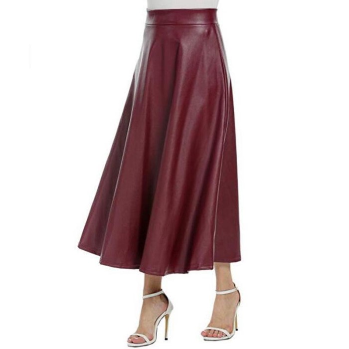 High Waist PU Fashion Solid Color Zip Mid Length A-Line Flare Skirt
