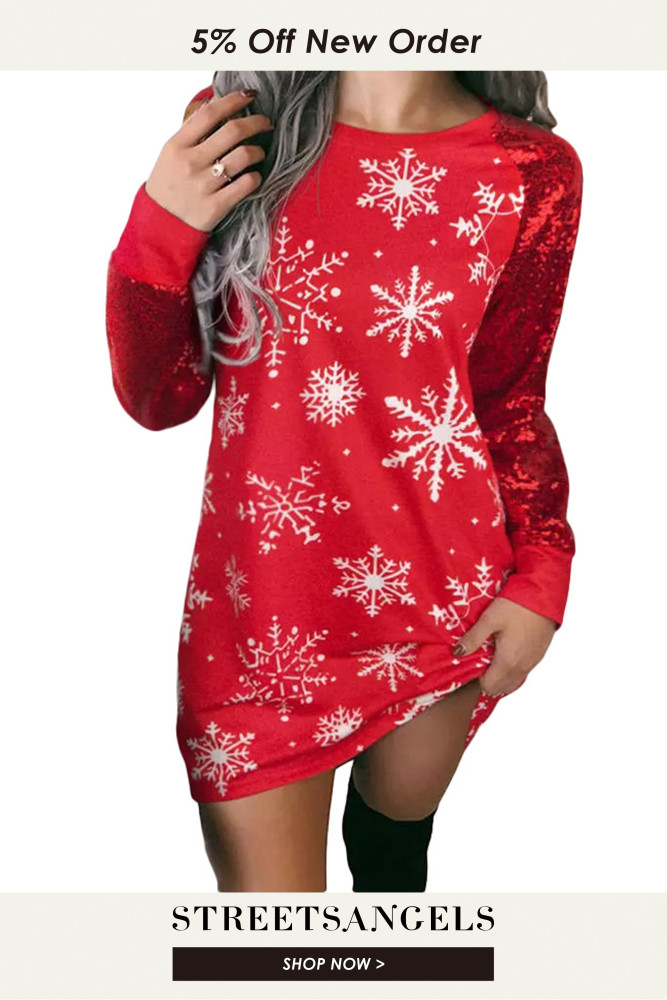 Christmas Sequin Snowflake Print Long Sleeve Fashion Casual Dress