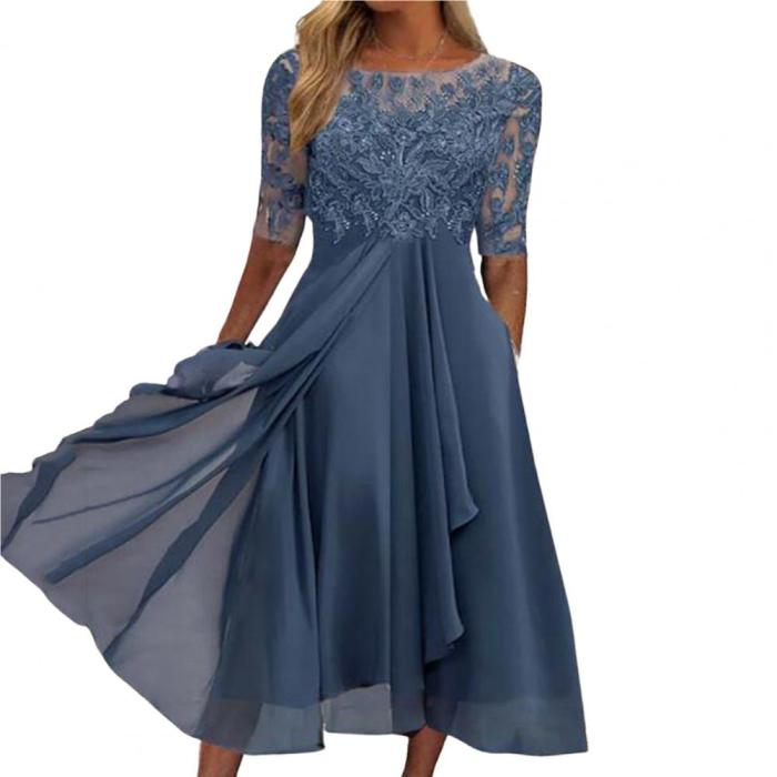 Stylish Lady Hollow Lace Chiffon Stitching Irregular Flowy Hem  Midi Dresses