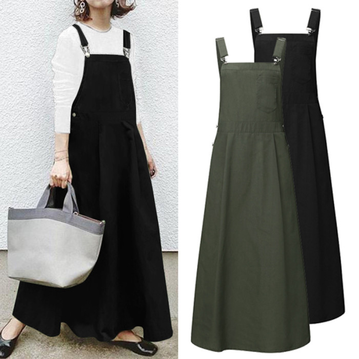 Fashion Solid Color Casual Sling High Waist Retro Strap Maxi Dress