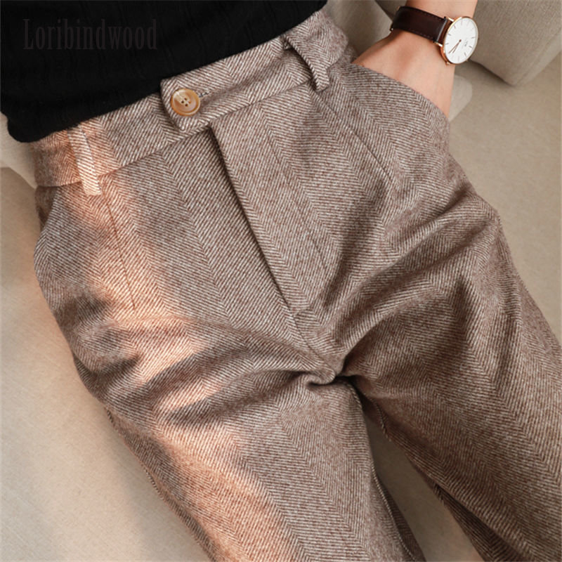 Fashion Herringbone Pattern Wool High Waist Loose Casual Suit Pencil Pants