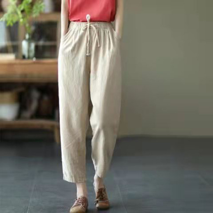 Fashion Solid Color Cotton Linen Casual Ankle Tie Waist Loose  Pants