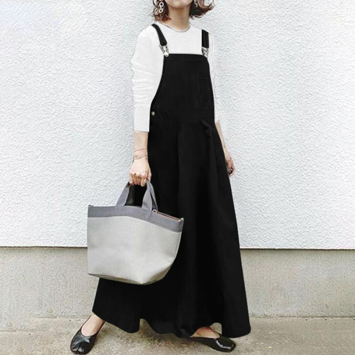 Fashion Solid Color Casual Sling High Waist Retro Strap Maxi Dress