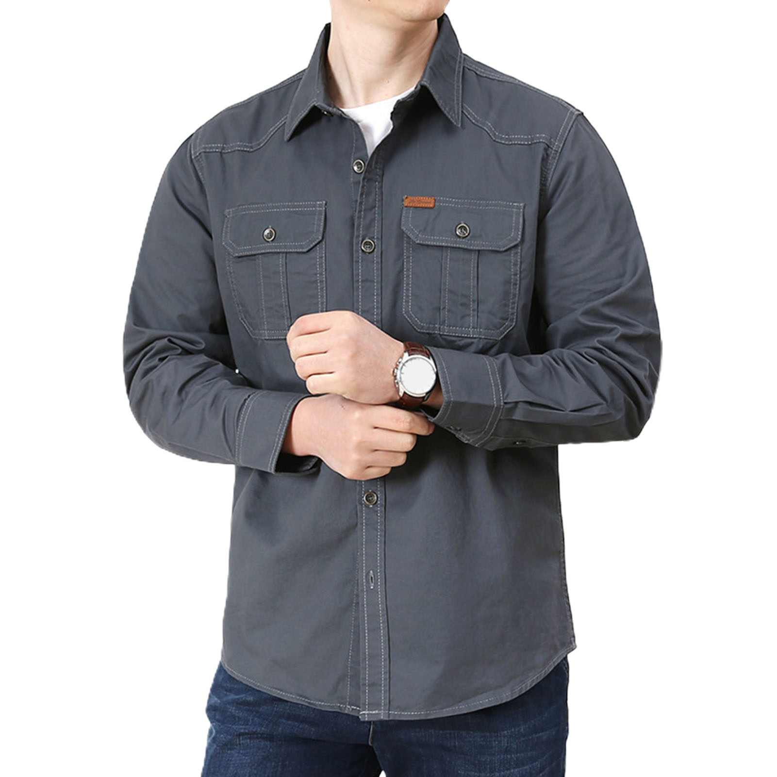 Camicia Denim Uomo Maniche Lunghe Cotone Vestibilità Comoda Strisce Verticali