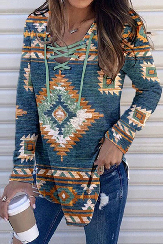 Fashion  Printed Lace-Up V-Neck Shirt Casual  Loose Hoodies