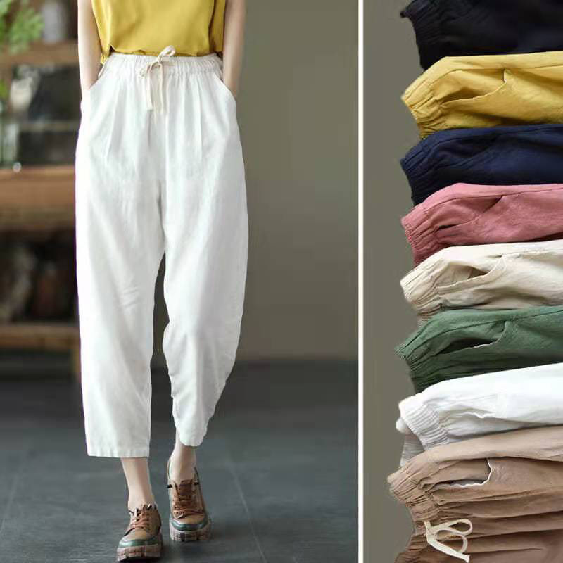 Fashion Solid Color Cotton Linen Casual Ankle Tie Waist Loose  Pants