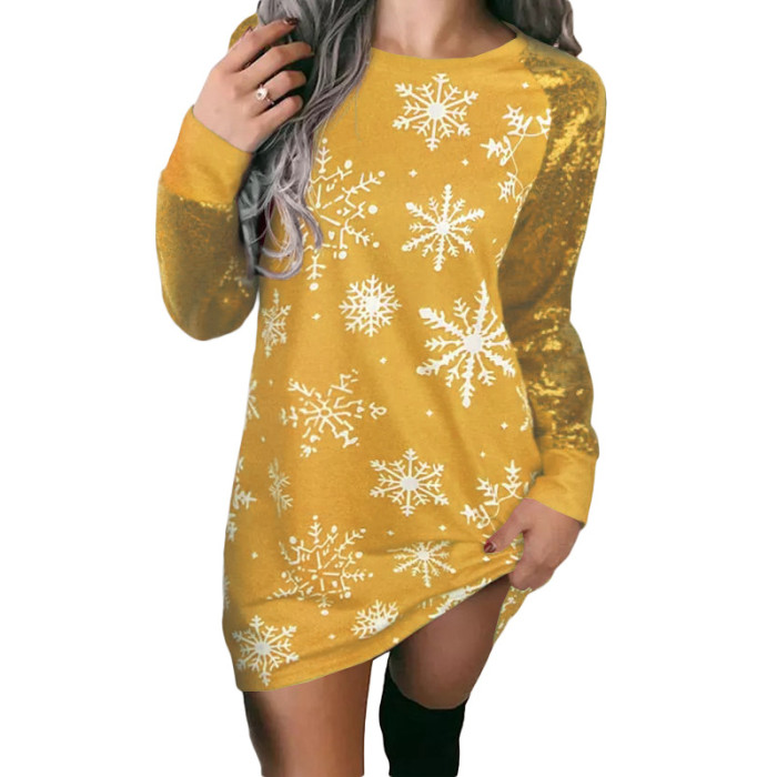 Christmas Sequin Snowflake Print Long Sleeve Fashion Casual Dress