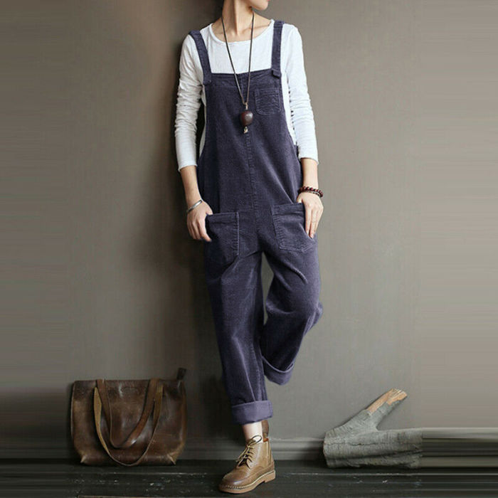 Fashion Corduroy Casual Solid Color Loose Oversized Cargo Pants Jumpsuit