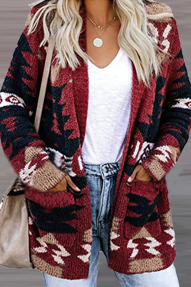 Fashion Print Warm Casual Long Sleeve Pocket Cardigan