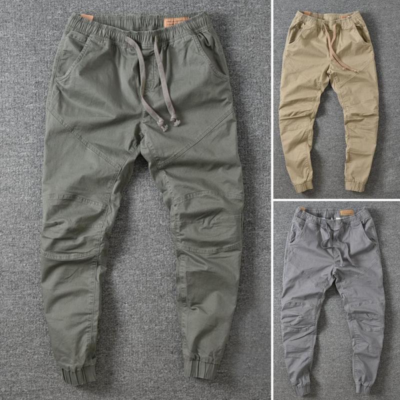 Men's Fashion High Waist Solid Color Drawstring Retro Classic Jogging Cargo Pants