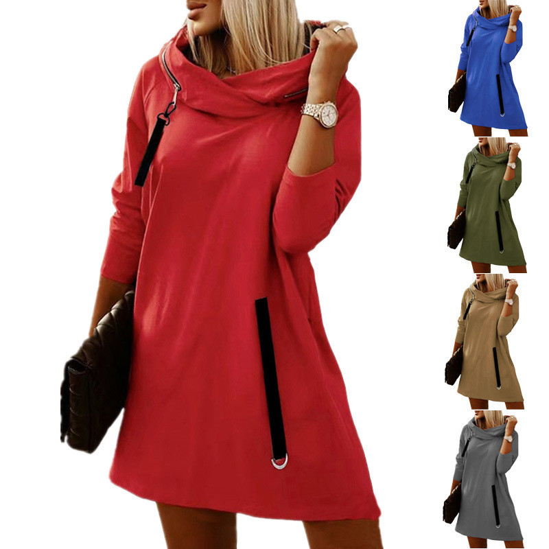 Fashion Solid Color Party Casual Turtleneck Loose Hooded Mini Dress