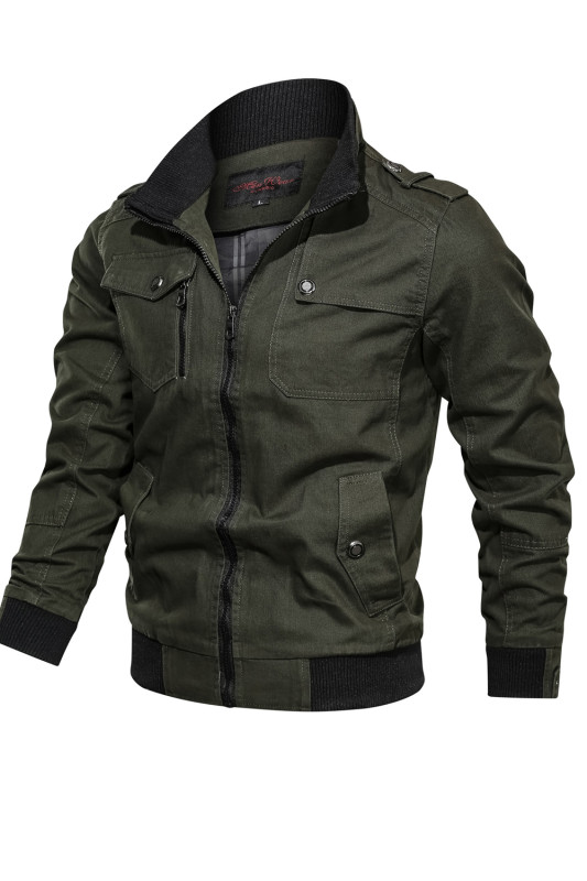 Men's Fashion Slim Pocket Stand Collar Solid Bomber Casual Jacket