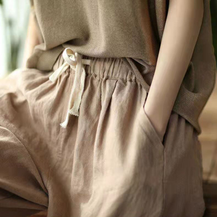 Fashion Solid Color Cotton Linen Casual Ankle Tie Waist Loose  Pants