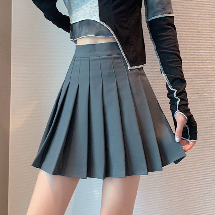 Solid Color Pleated Fashion High Waist College Mini A-Line Skirt