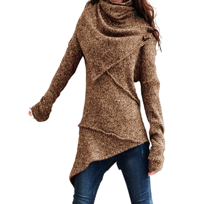 Vintage Fashion Turtleneck Irregular Hem Slim Fit Knit Sweater