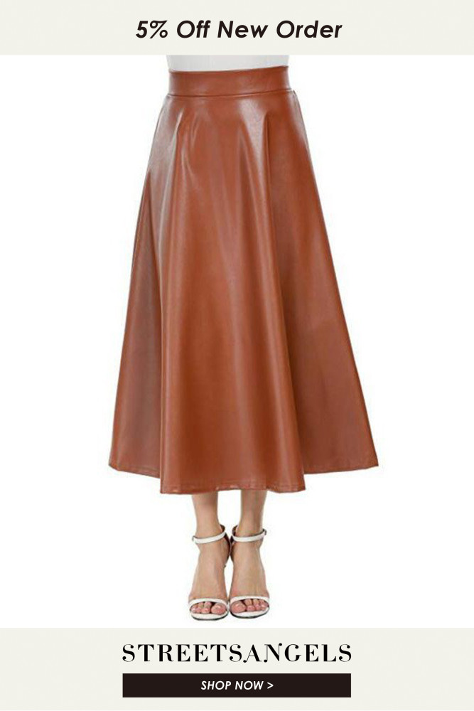 High Waist PU Fashion Solid Color Zip Mid Length A-Line Flare Skirt