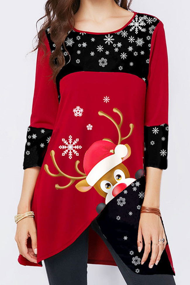 Trendy Christmas Snowflake Elk Print  Crew Neck  Blouses & Shirts