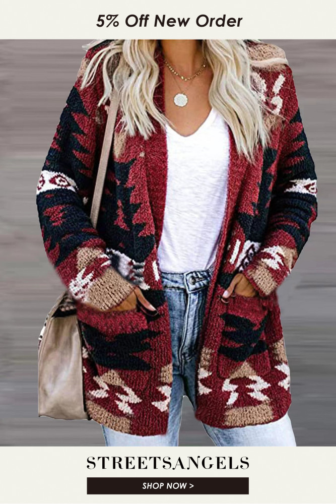 Fashion Print Warm Casual Long Sleeve Pocket Cardigan