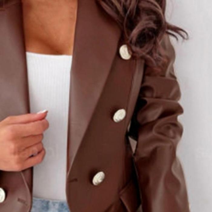 Vintage Lapel Button Faux Leather Casual Fashion Everyday Jacket