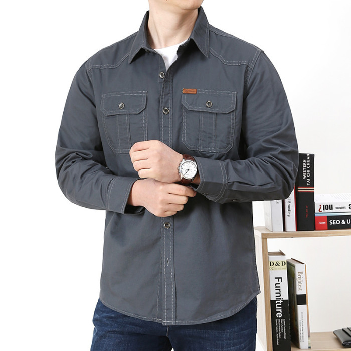 Denim Men's Long Sleeve 100% Cotton Casual Plus Size Solid Color Loose Shirt