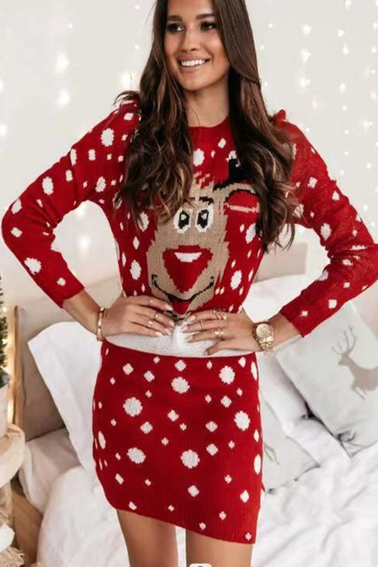 Christmas Print Casual Long Sleeve Fashion Loose Round Neck Knit Dress