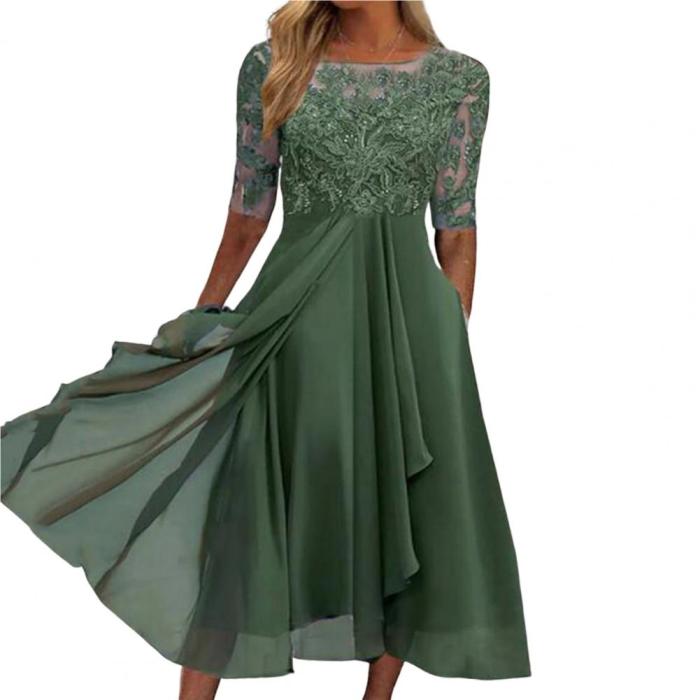 Stylish Lady Hollow Lace Chiffon Stitching Irregular Flowy Hem  Midi Dresses