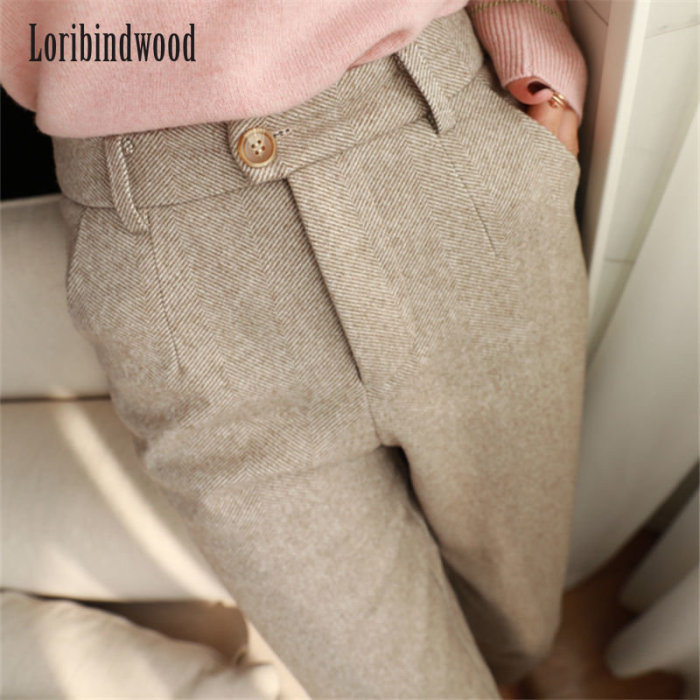 Fashion Herringbone Pattern Wool High Waist Loose Casual Suit Pencil Pants