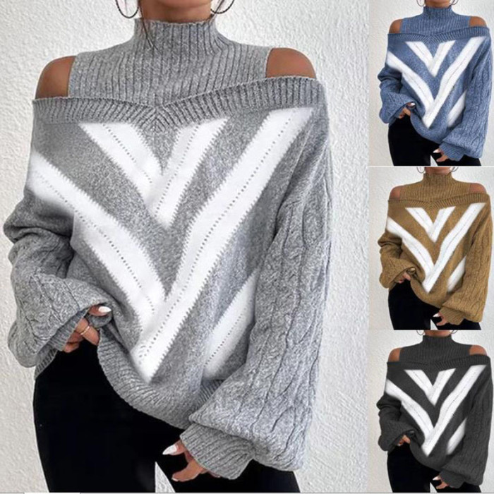Fashion Solid Color Loose Drop Shoulder Half Turtleneck Lantern Sleeve Sweater