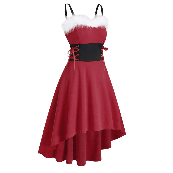 Christmas Fashion Long Sleeve Asymmetric Off Shoulder Bow Sling  Vintage Dress