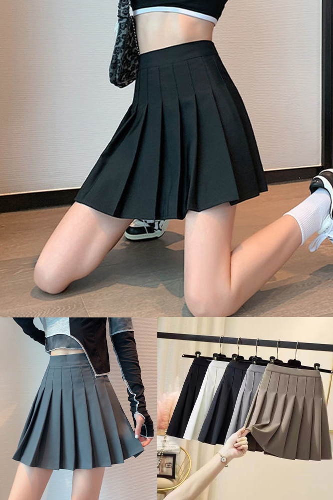 Solid Color Pleated Fashion High Waist College Mini A-Line Skirt