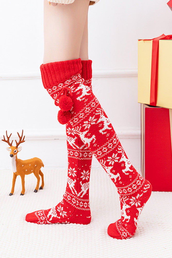 Red Christmas Cute Knitted Knee Tall Over Knee Stacked Socks