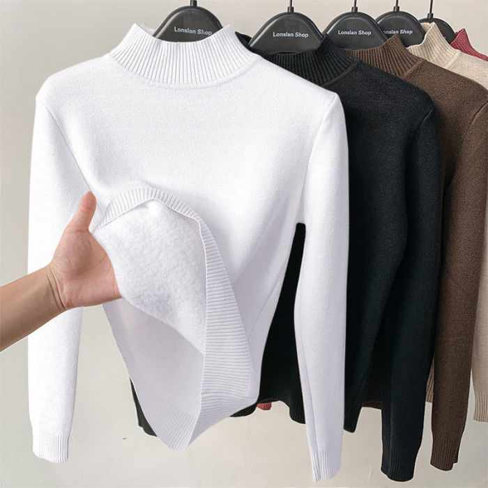 Fashionable Fleece Turtleneck Solid Color Knitted Casual Bottoming Sweater