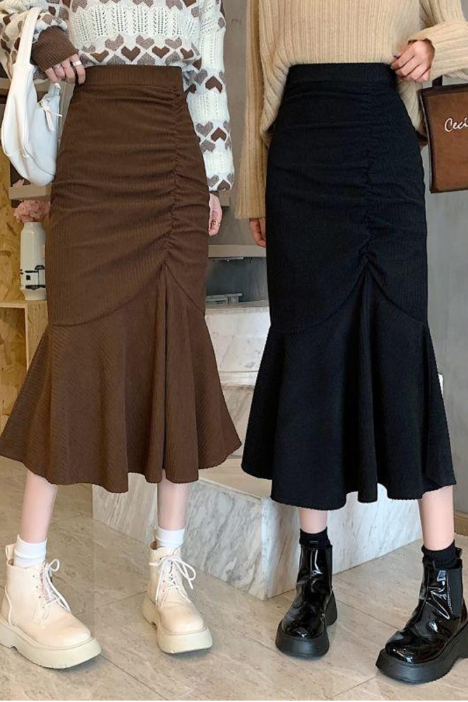 Fashion Corduroy High Waist Slim Mermaid Ruffle Solid Color Skirts