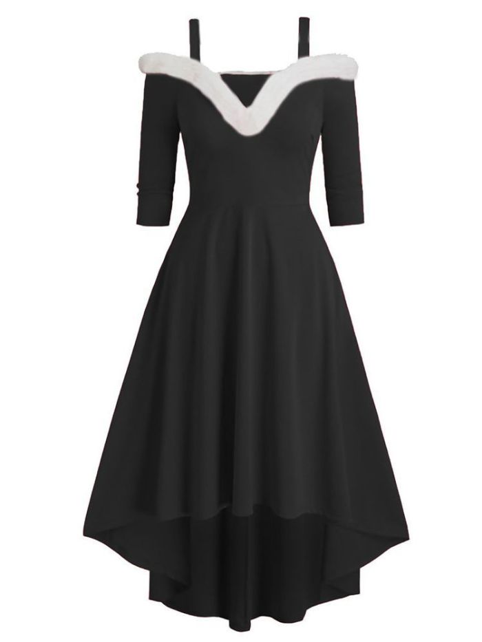 Christmas Print Fashion Solid Color Plush Deep V Off Shoulder Swing  Midi Dress